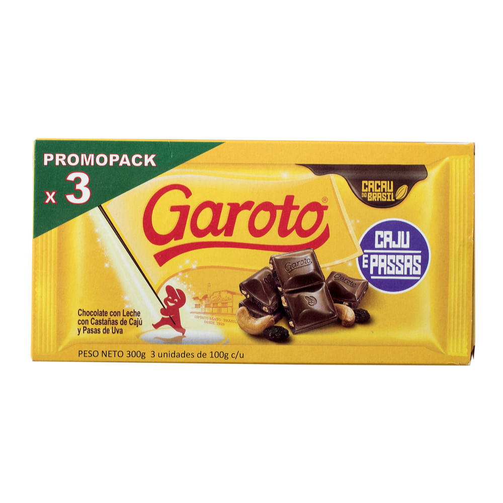 Pack x 3 chocolate GAROTO 2 cajú/pasas + colores disco