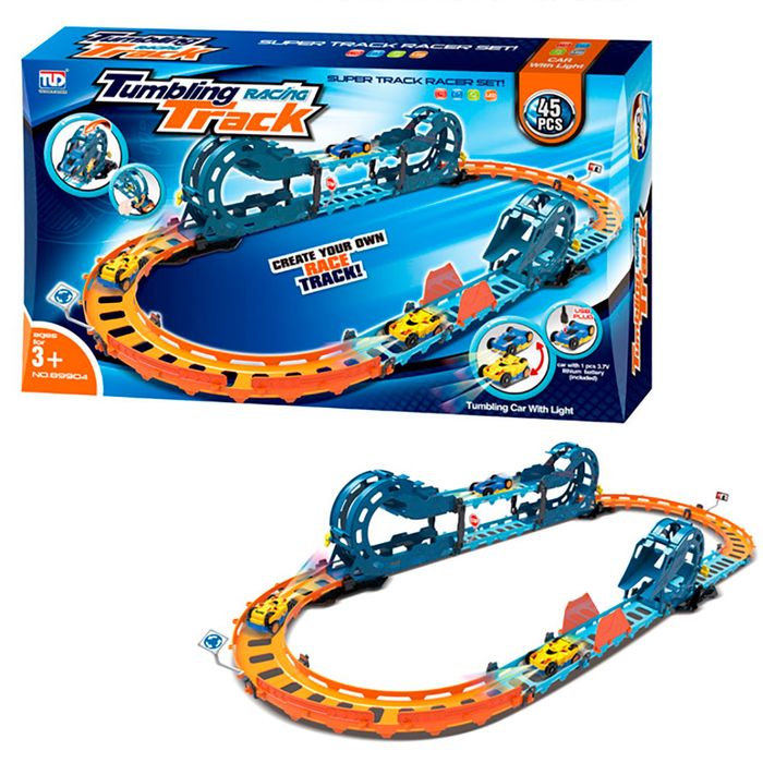 Pista-con-looping-y-puente-con-auto-con-luz