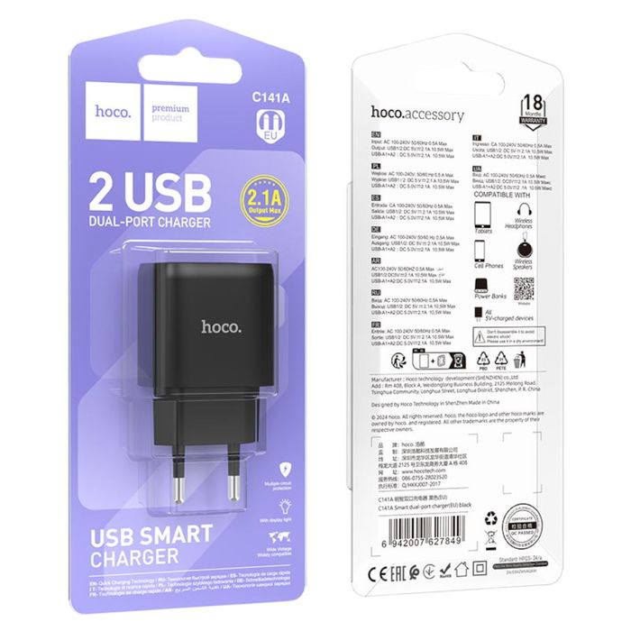 Carg.-HOCO-Mod.-C141A-2-Usb-2.1a-Negro